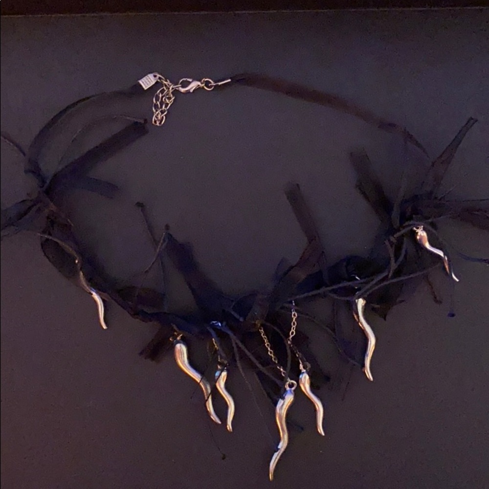 Black chiffon necklace with 7 silver lucky charms
